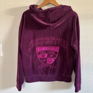 Y2K Juicy Couture Velvet Hoodie Womens Purple Spell Out Sweatshirt Shiny Velour